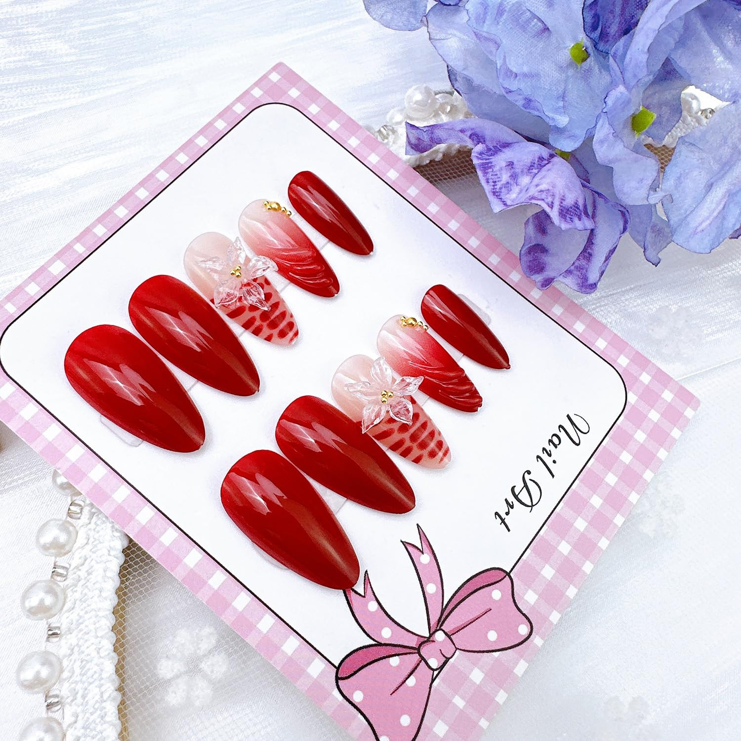 24Pcs Almond Press on Nails Medium Length 3D Flower Fake Nails with Gold Beads W