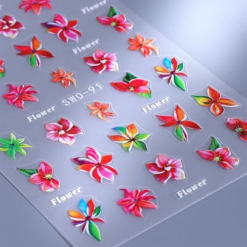 Flower Nail Art Stickers 5D Embossed Flowers Nail Decals 3PCS hawaii flower