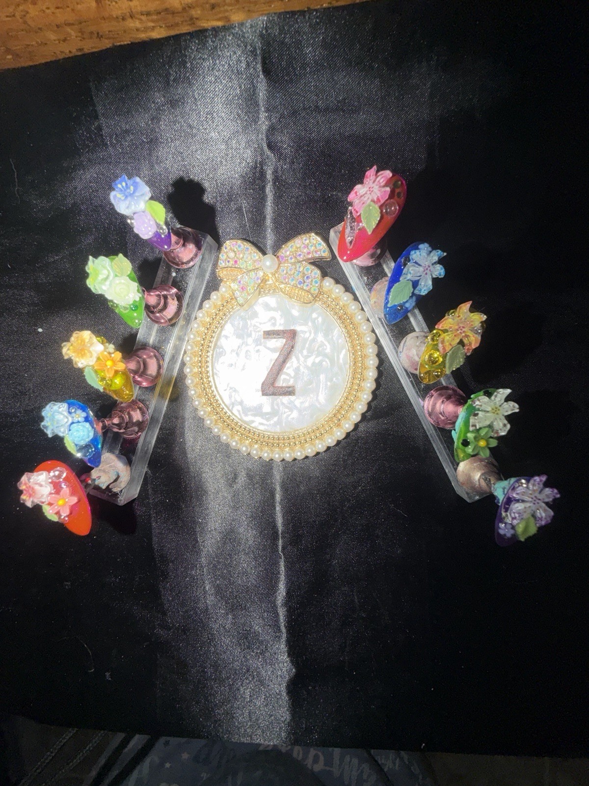 Z NAILZ! Handmade M Almond Multicolored 3D Floral Press On Nails