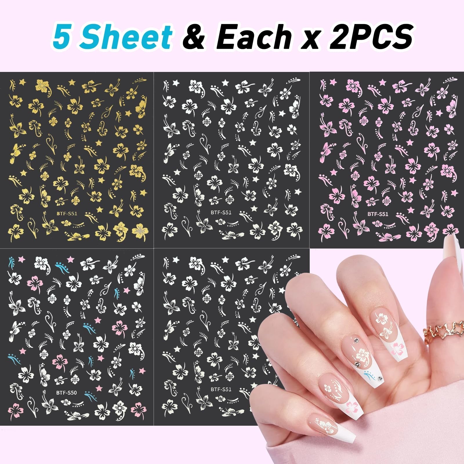 MUIIGOOD Flower Nail Stickers 10 Sheets Hibiscus Nail Decals White Pink Golde…