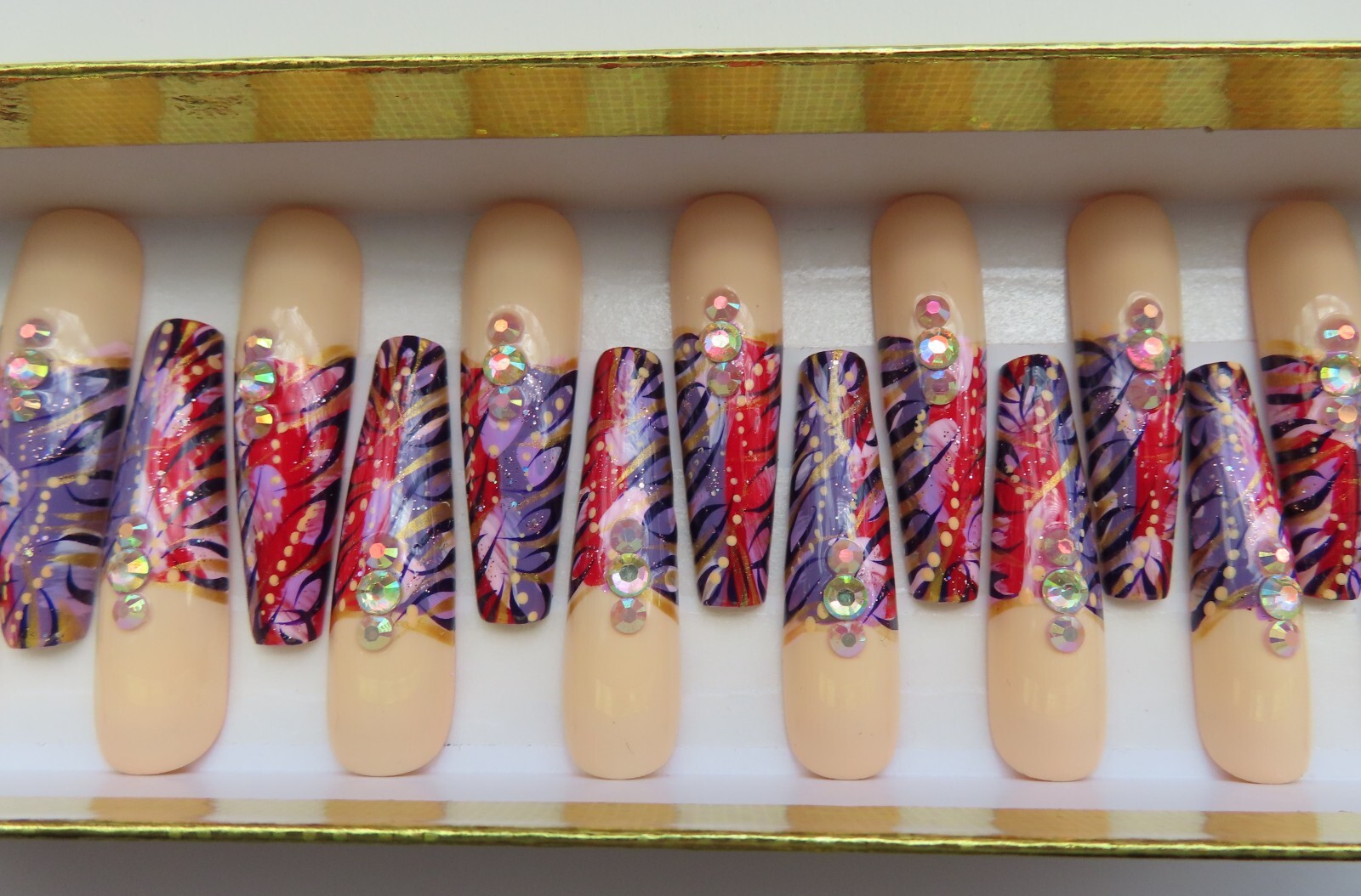XL Red Purple Cream Gold Metalic Black Bling Abstract Tip Coffin Press On Nails