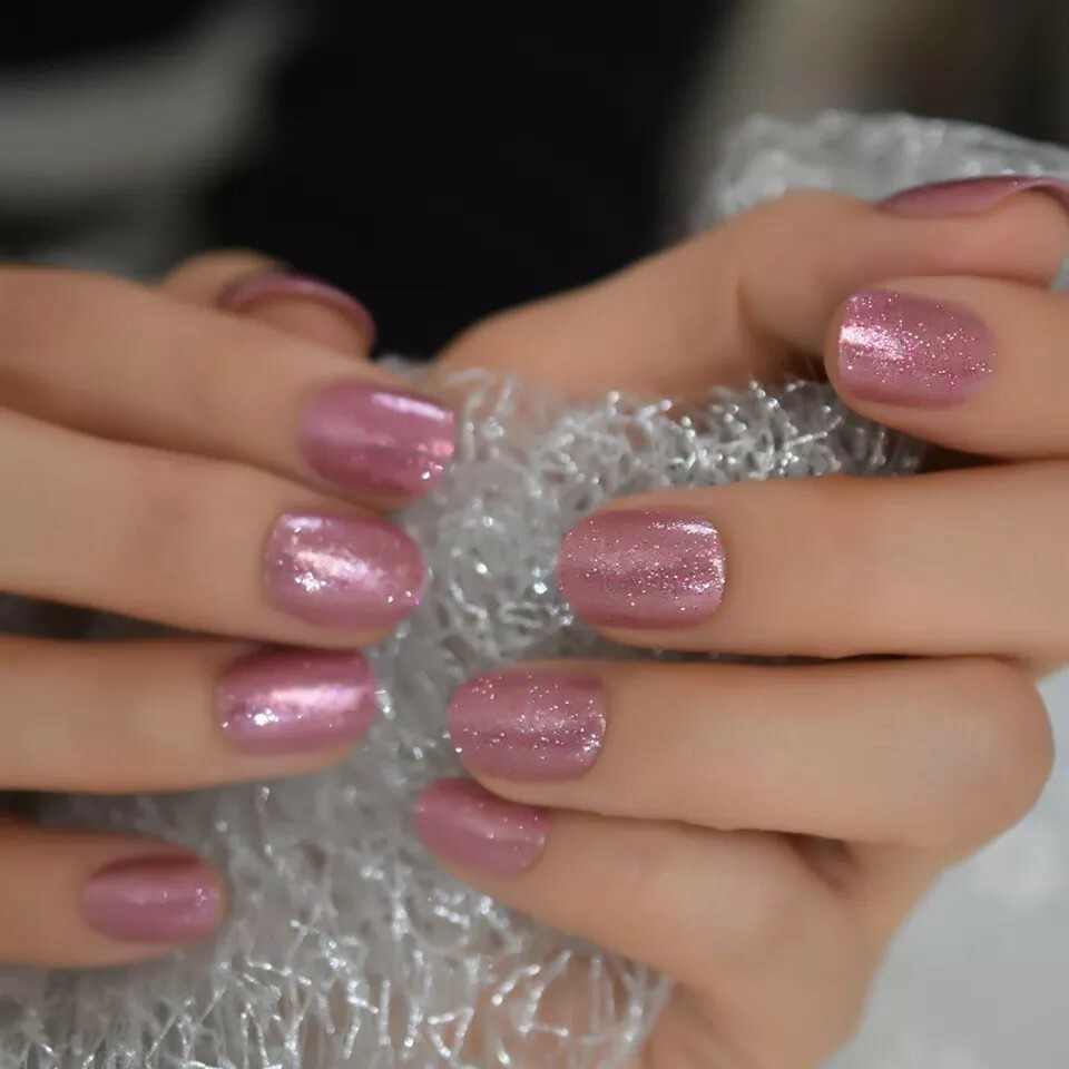 Pink Glitter Press on Nails with glue short rose gold sparkle