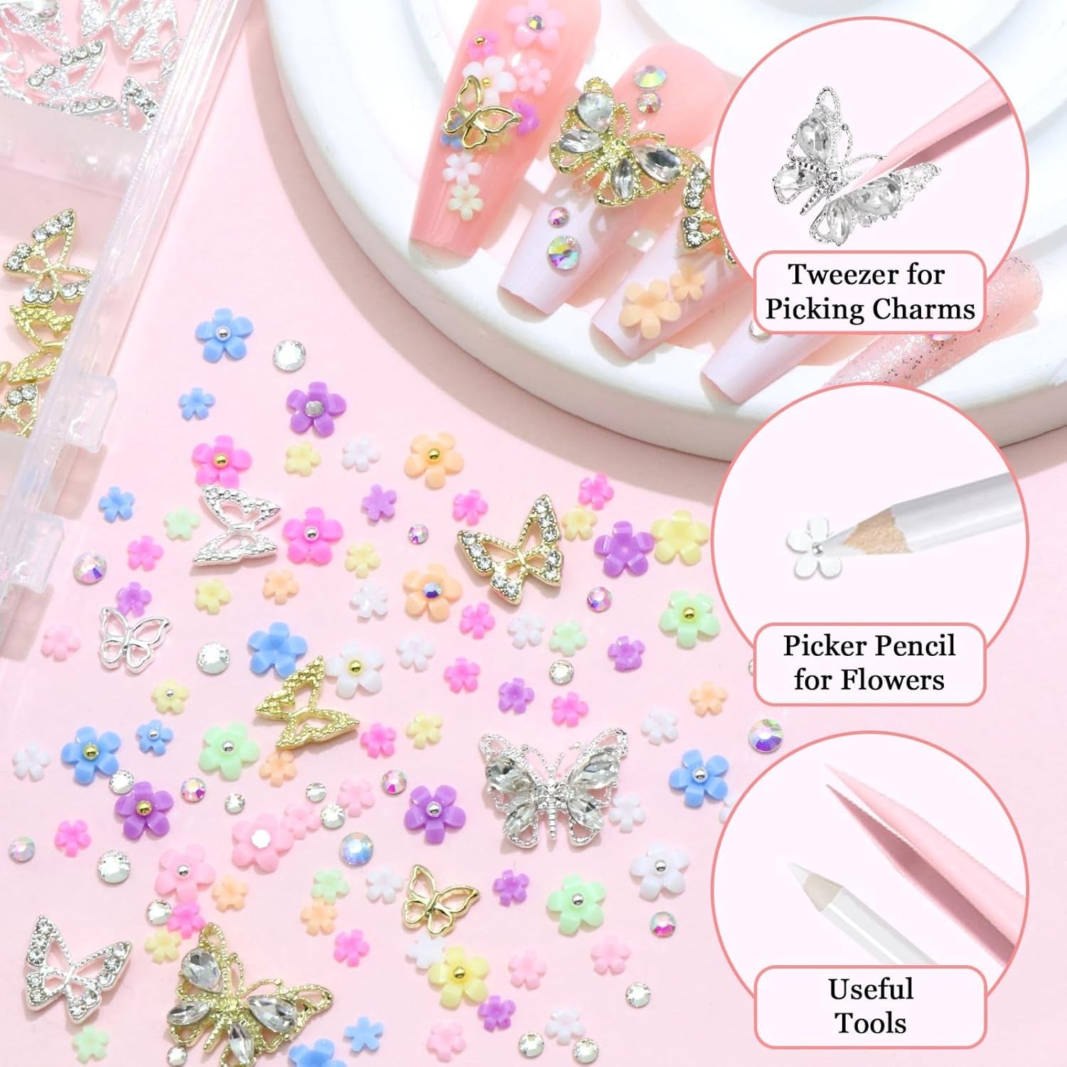 Flower Nail Charms Colorful 3D Flowers for Nails Metal Butterfly Nail Art Charms