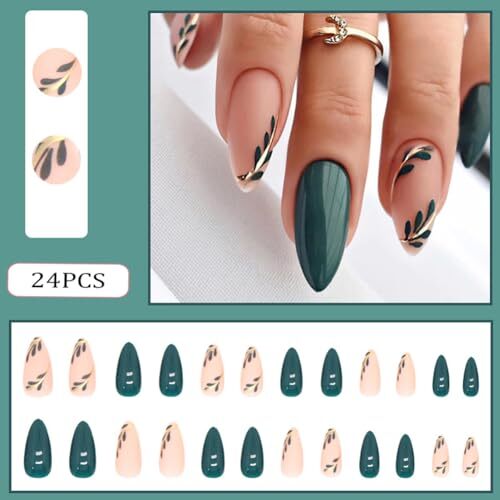 Almond Press on Nails Medium Fake Nails Acrylic False Nails with Dark Green