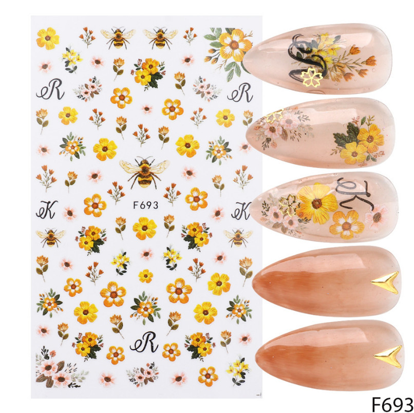 Nail Art Stickers Decals Yellow Flowers Bumble Bee Floral Bees Wasp F693 NS44