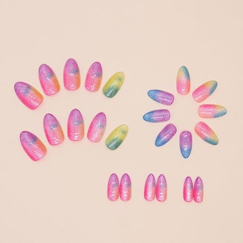 24 Pcs Cat Eye Summer Press on Nails Short Almond Colorful Fake Nails AH-01
