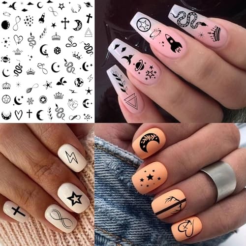 Bilizar 6 Sheets Self-Adhesive Snake Heart Moon Star Nail Art Sticker Decals,