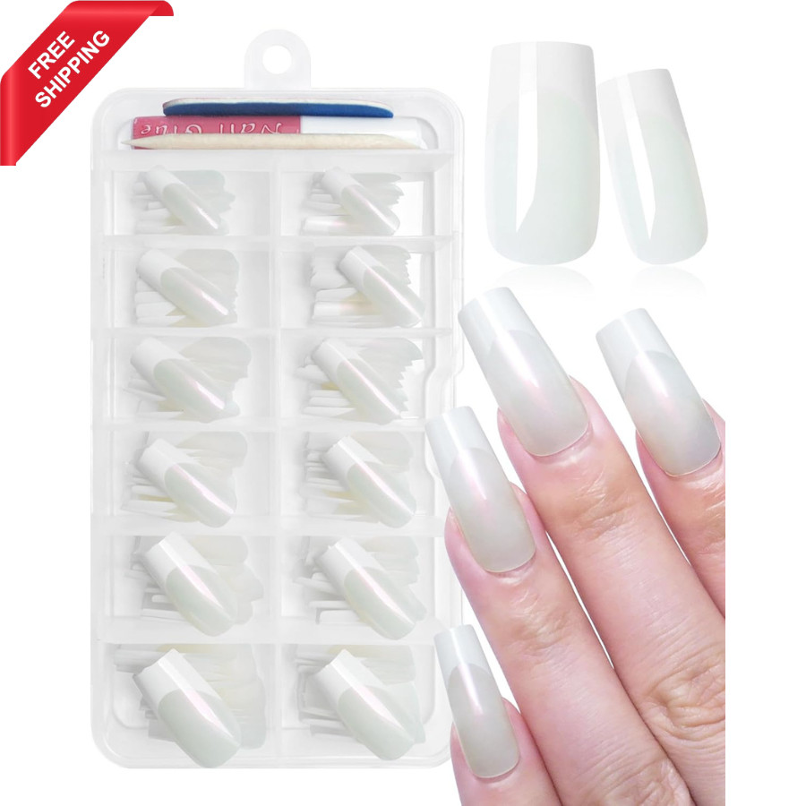 120Pcs French Tip Press on Nails Long Square Fake Nails White Glitter Frenchtip
