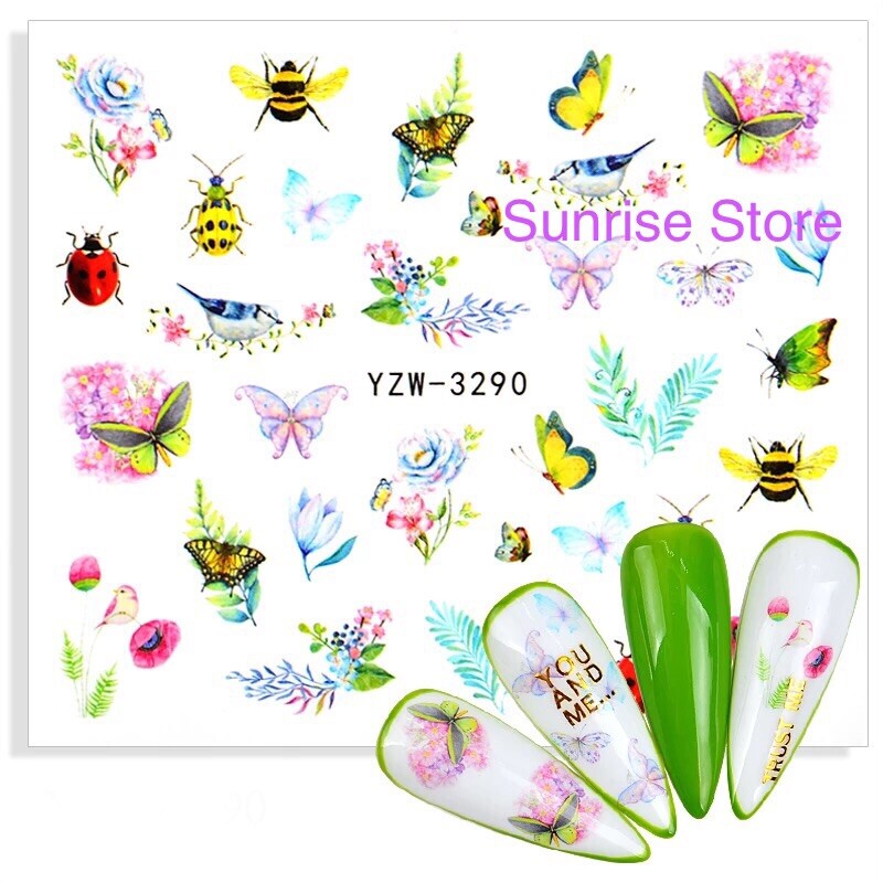 Nail Art Water Transfer Sticker Flower Butterfly Bird Ladybug Bee Decals Manicur