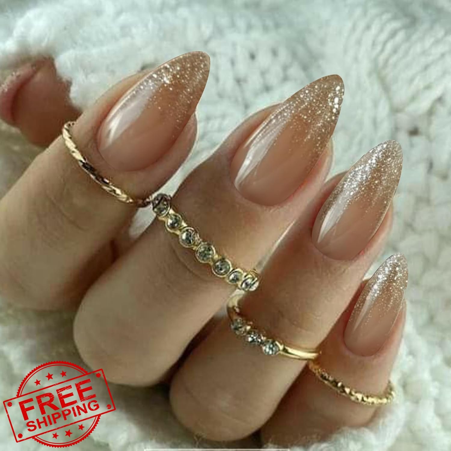 SEMATA Almond Nude Press on Nails Gold Glitter Ombre Medium 24Pcs
