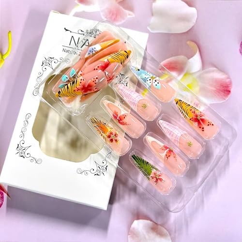 Colorful Flower Press on Nails Long Artificial Acrylic Fake Nails Animal Print