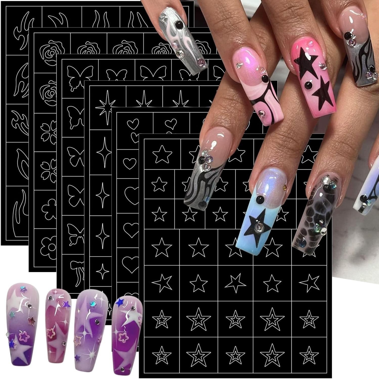 6 Sheets Colorful 3D Nail Art Stickers & Stencils for French & DIY Manicure