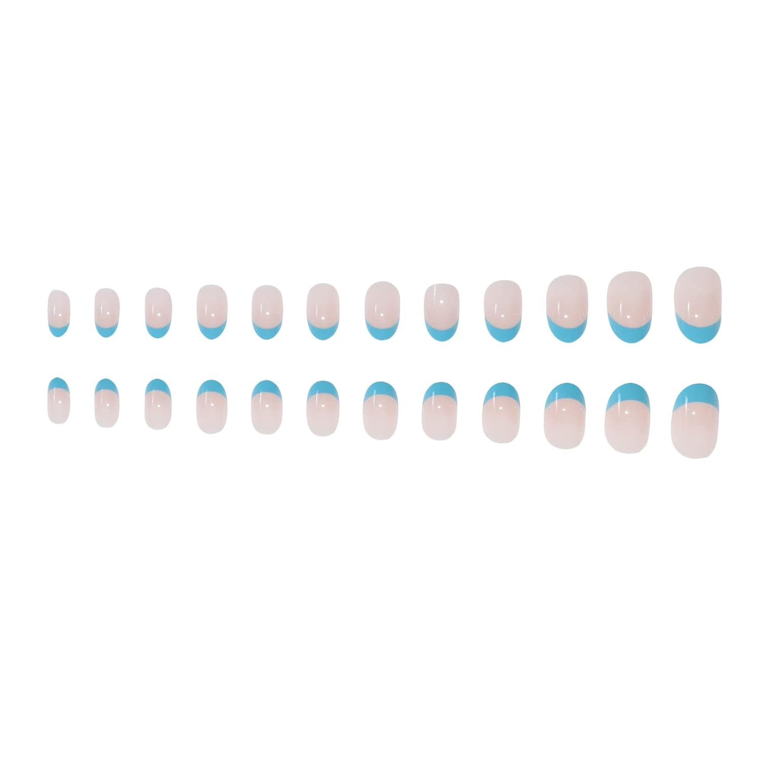 Oval Press on Nails Short Fake Nail Blue French Tip round Acrylic 0236A Blue