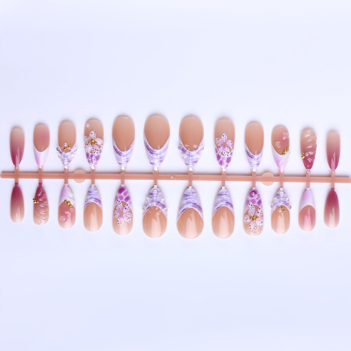 Summer Press on Nails Medium Almond Nails Press Ons with Flower & Gold Bead Desi