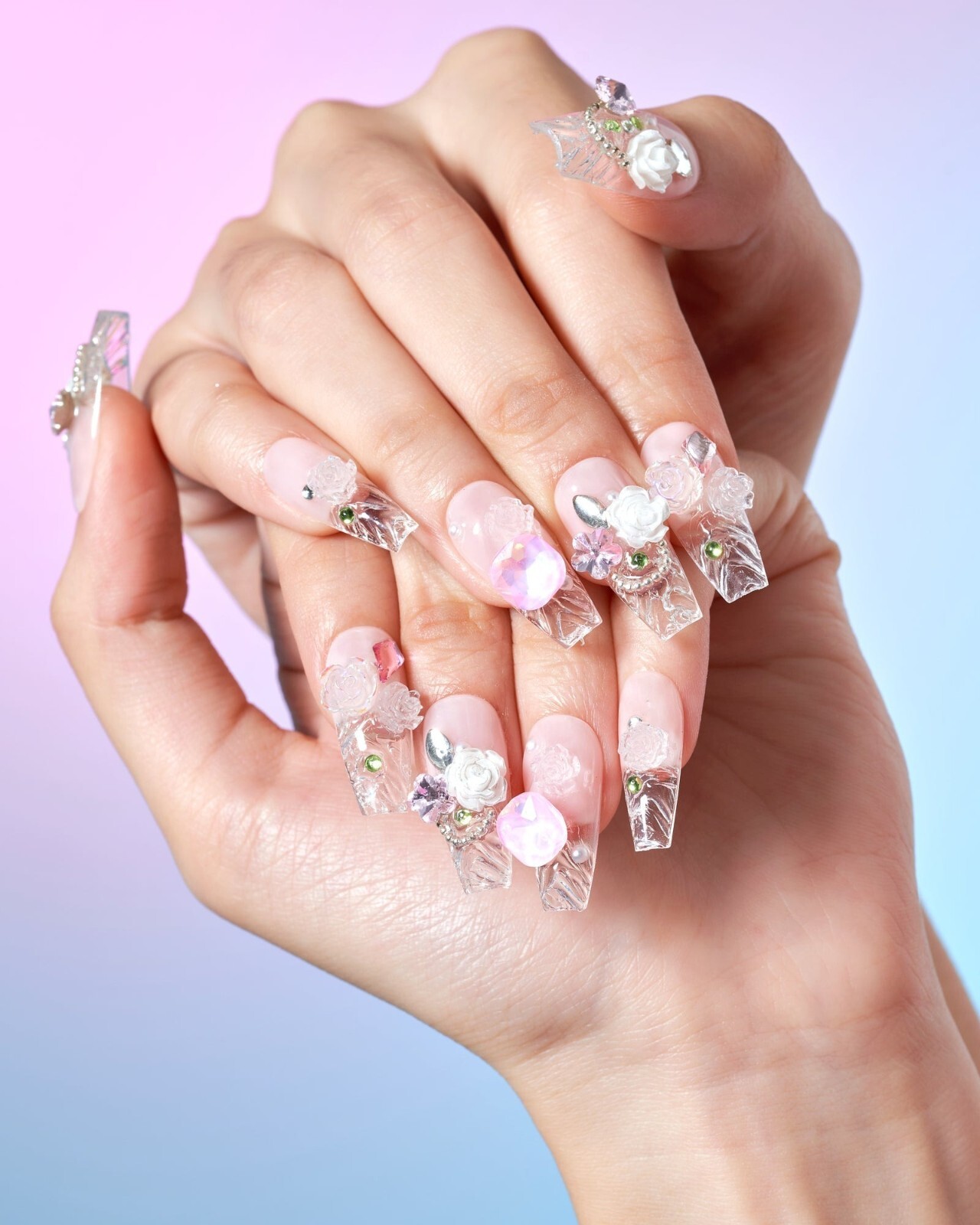 10 Piece 3D Reusable Handmade Press On Nails Crystal Blossom