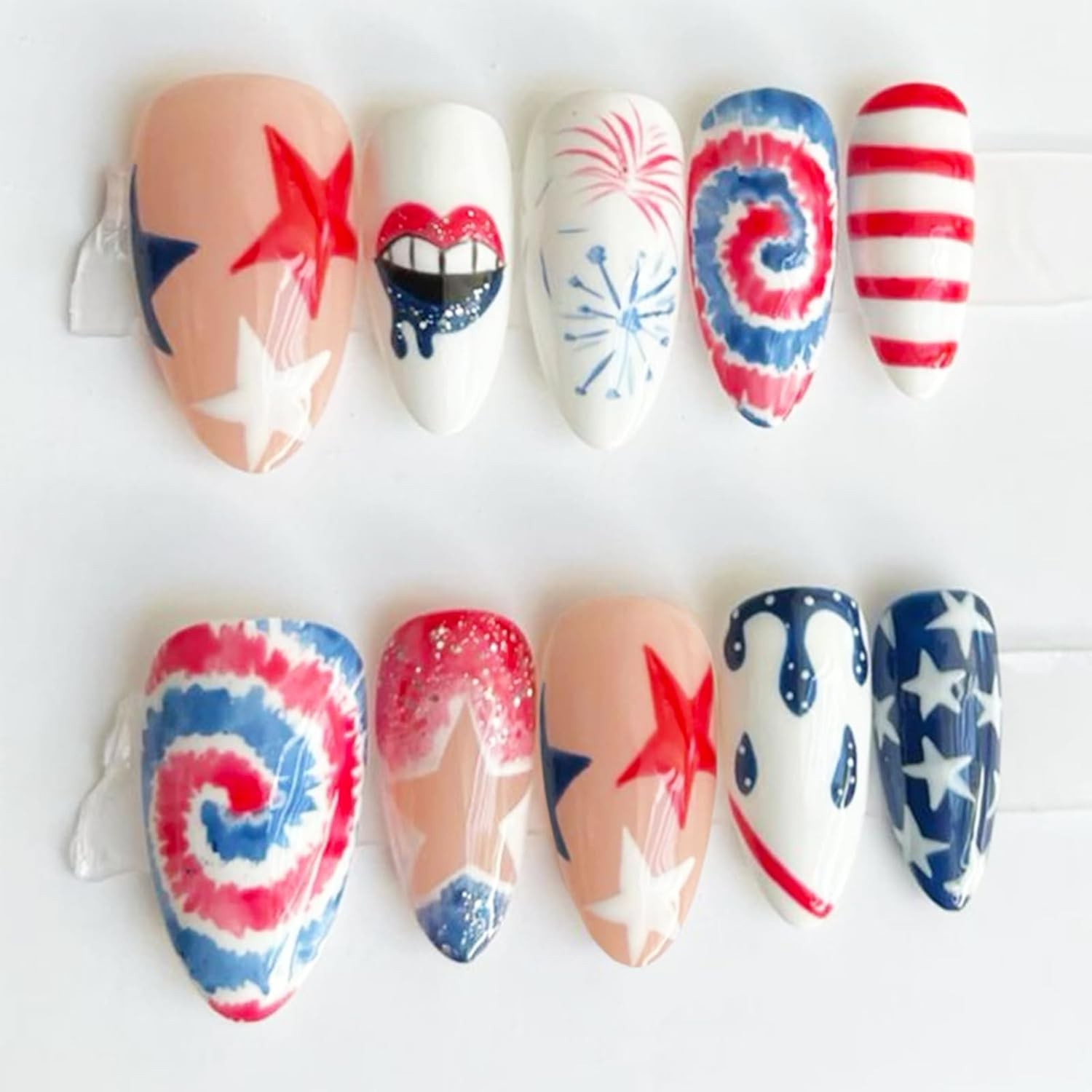 Unique 4th of July Acrylic Nails Full Cover with Star and Fireworks Design