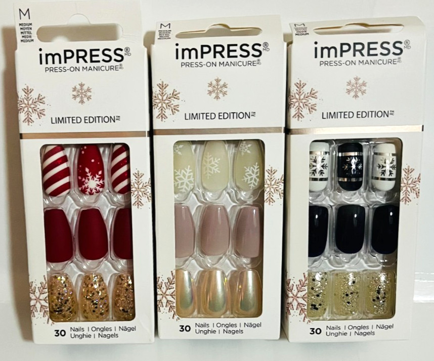 Impress Glitter Red Blue Holiday Press On Manicure Nails 3 Sets No Glue