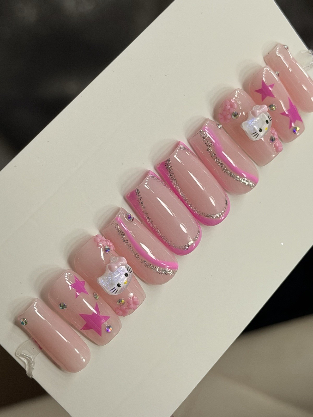✨ CUSTOM Press On Nails Nude PINK HELLO KITTY BLING 10p SET W Kit