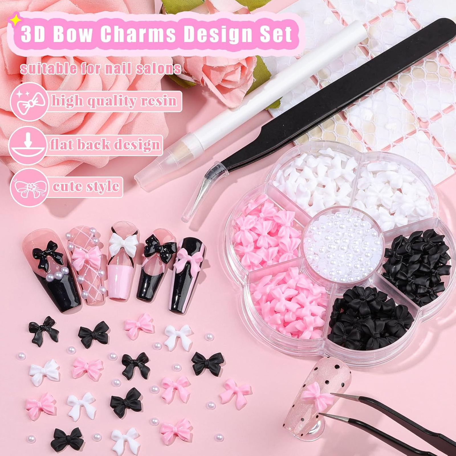 Nail Charms Kit, 400 Pieces, Bow and Flatback Pearls Set, 3D Acrylic