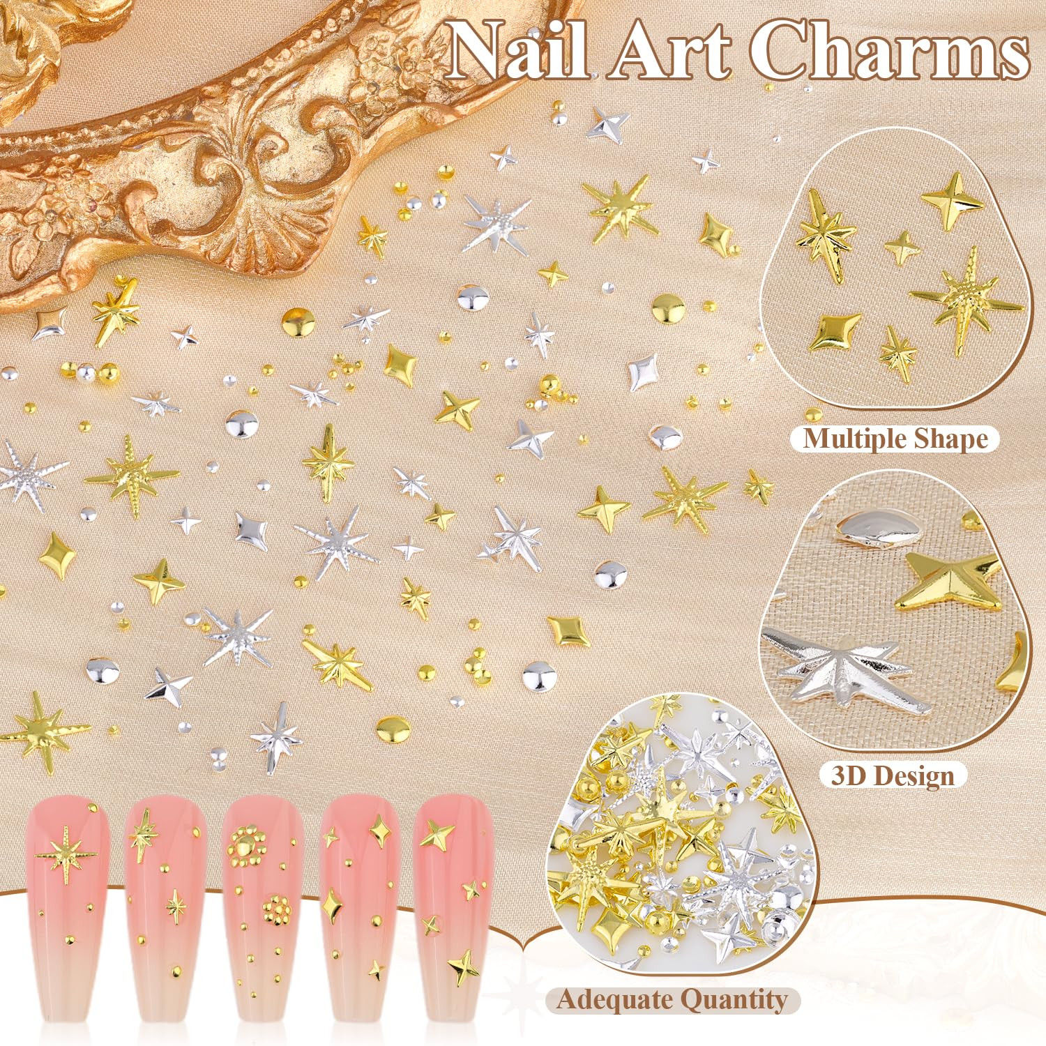 2640Pcs 3D Star Nail Charms, Gold & Silver Multi-Shapes Metallic Nail Art Gems A