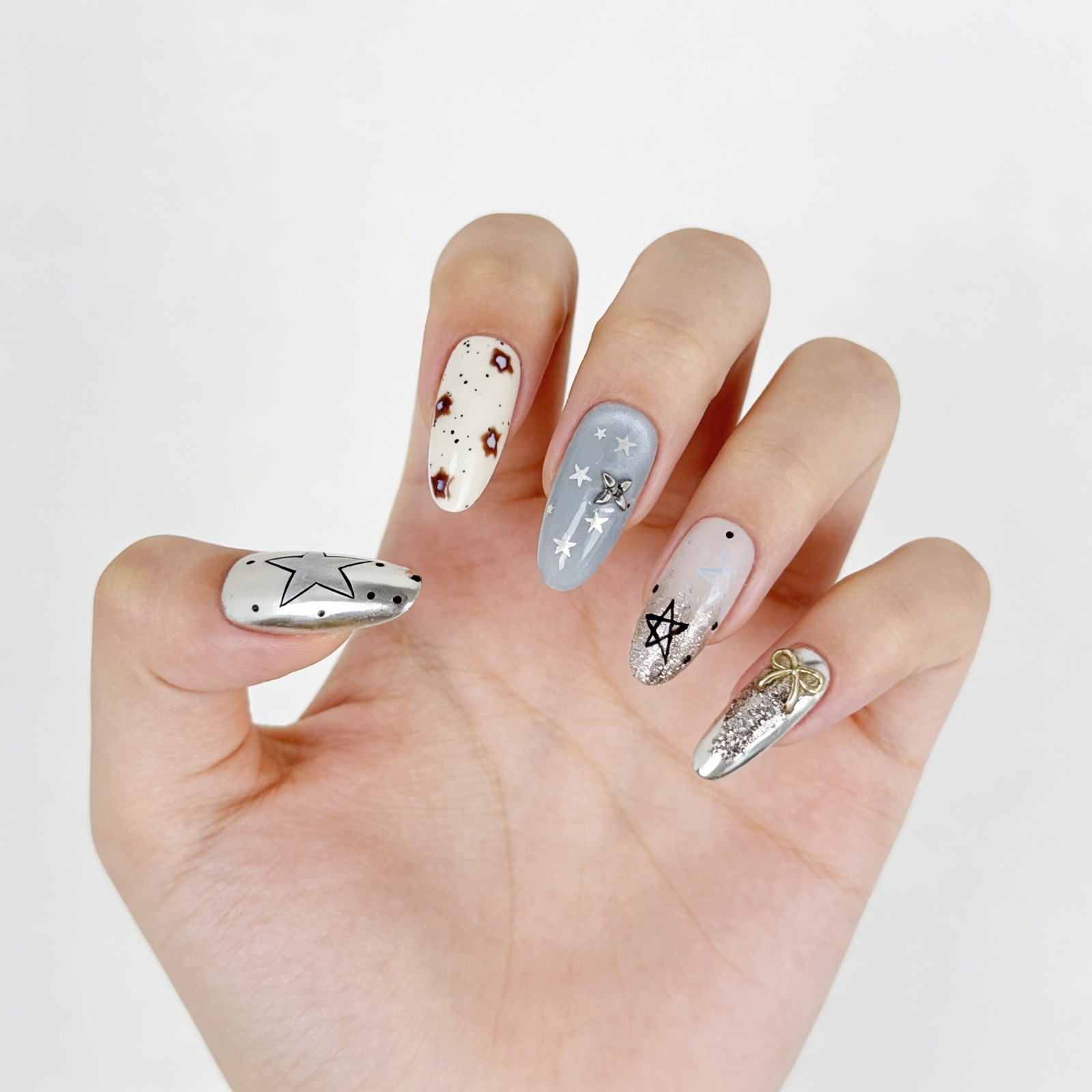 Galaxy Star Glitter Press-On Nails Mismatched Set Handmade Almond Nails Gift