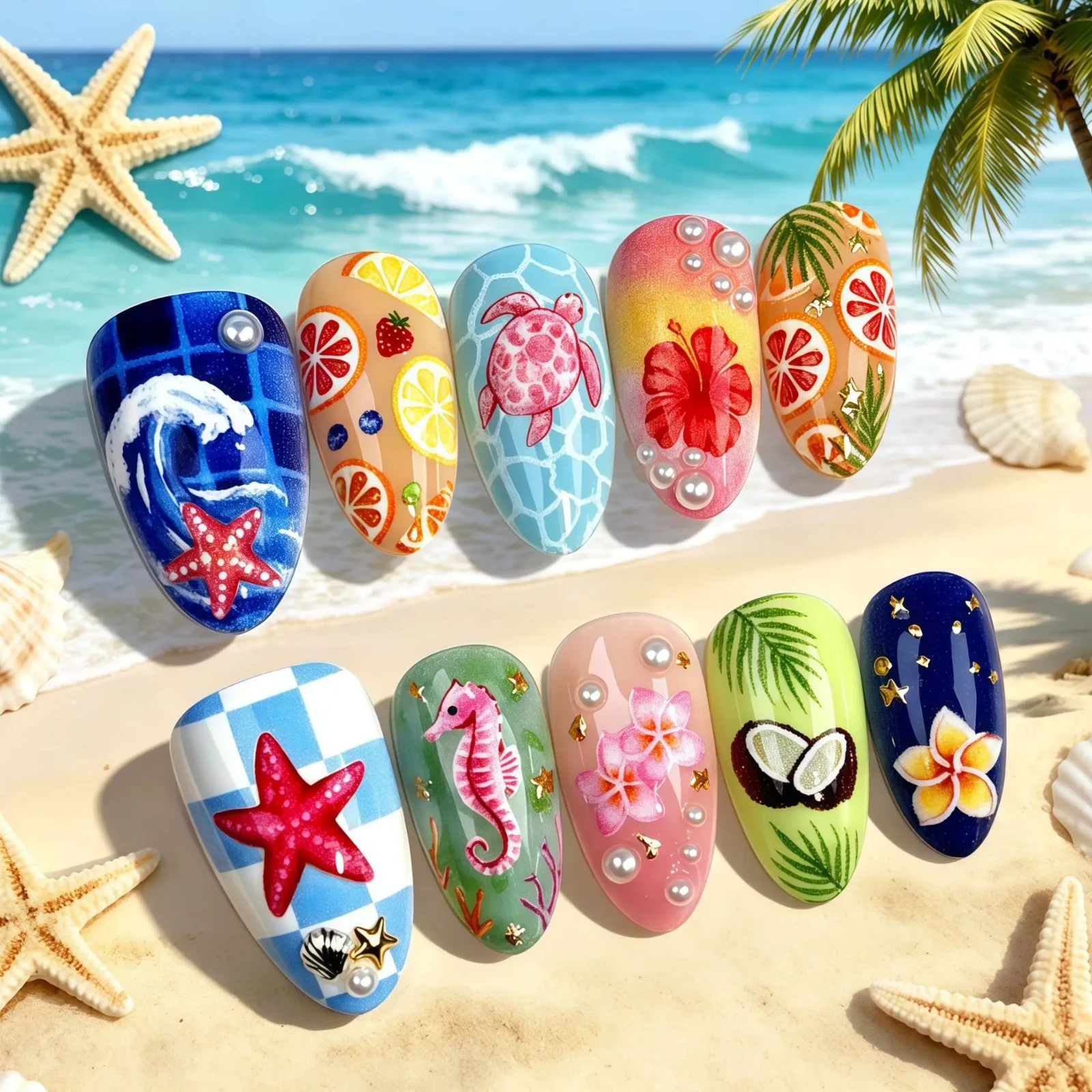 24PCS Summer Beach Press On Nails Almond Starfish Turtle Tropical Fake Nails