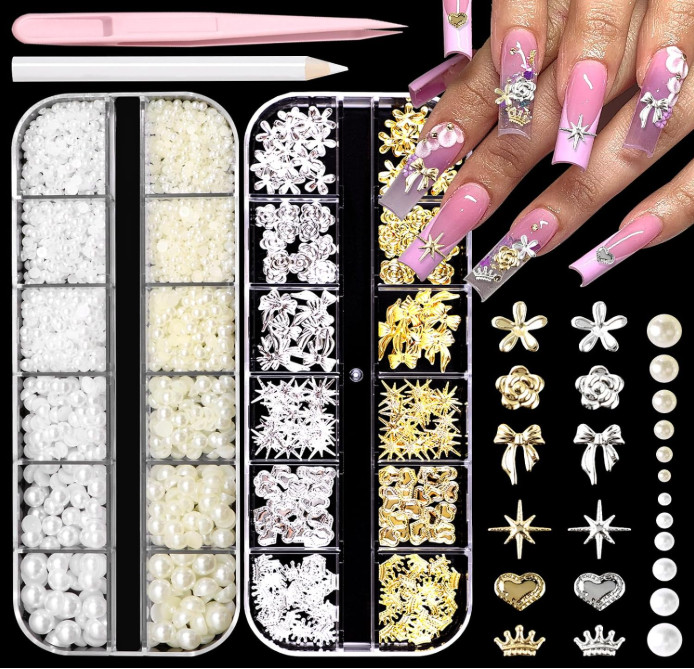 3 Sets See Pics Gold Nail Charms 160Pcs 3D Butterfly, Cherry Heart, Cross, Bow