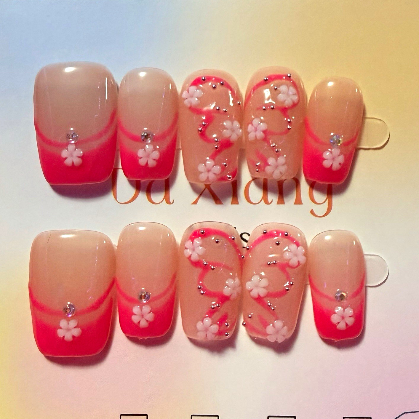 Pink/Beige Floral French Square Press-On Nails, Long, size large