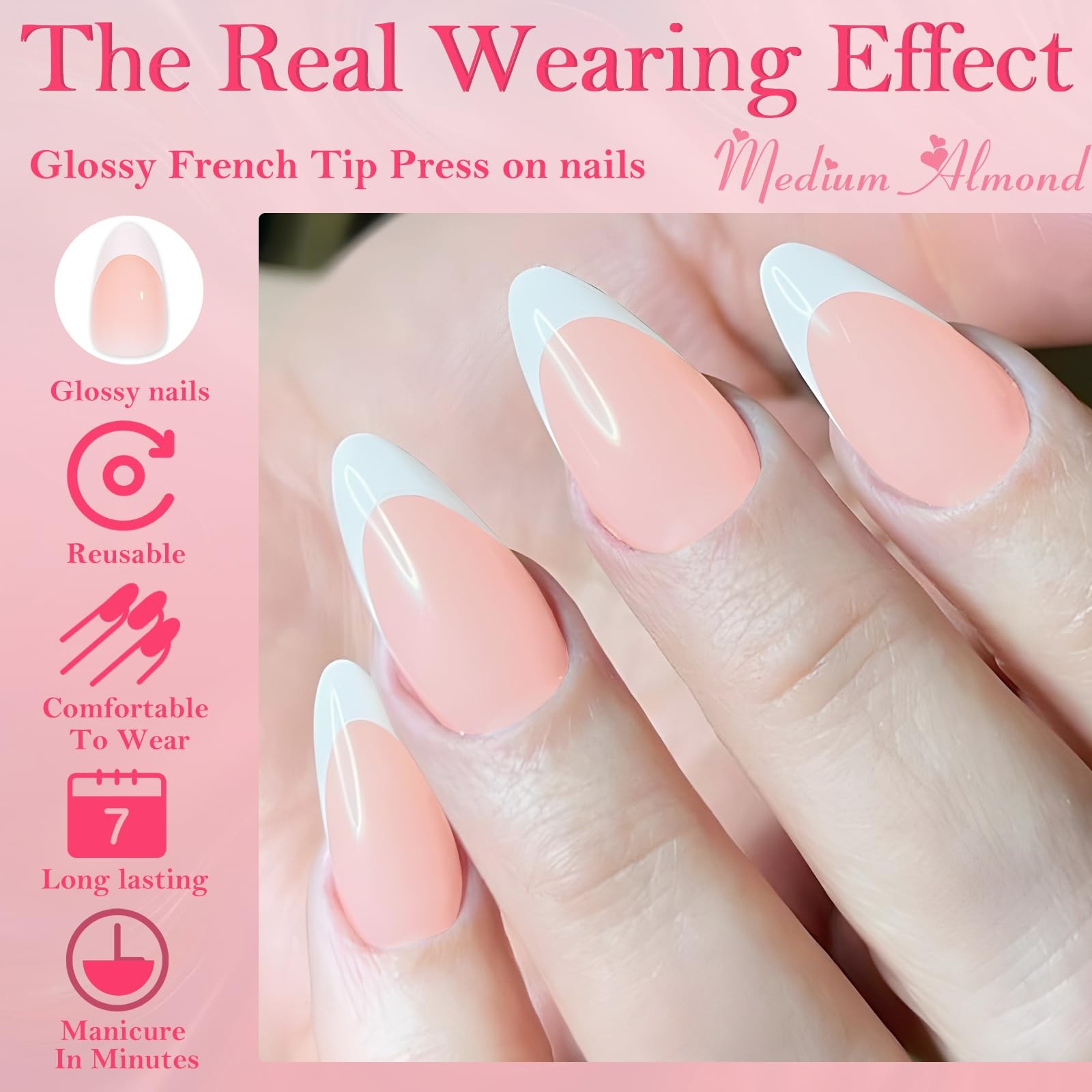 French Tip Press on Nails – 180pcs Pink Medium Almond Fake Nails Press ons Wh…