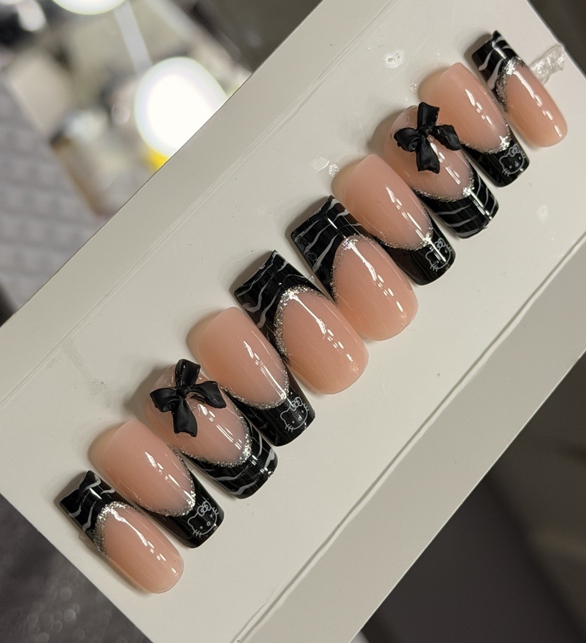 ✨ CUSTOM Press On Nails FRENCH BLACK HELLO KITTY BLING 10p SET W Kit