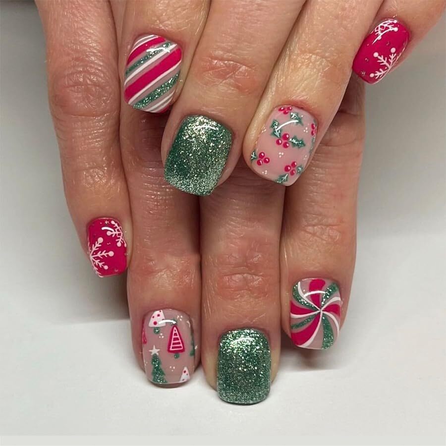Sparkly Christmas Holly Press on Nails Short Square Green Glitter Curve holly
