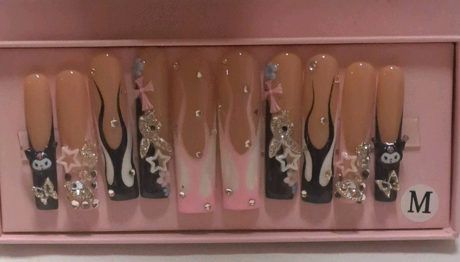 Handmade Tapered Square Press On Nails Nude Pink Black Flame Kuromi Playboy