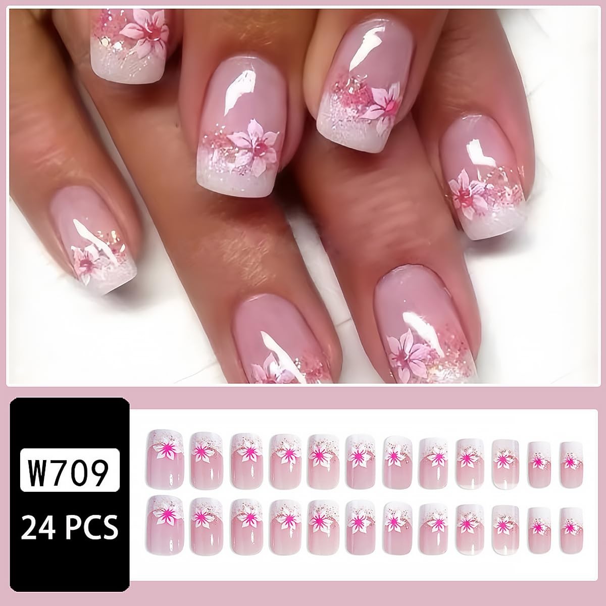 24pcs French Tip Press On Nails – Short Square Pink Flower Fake Multicolor