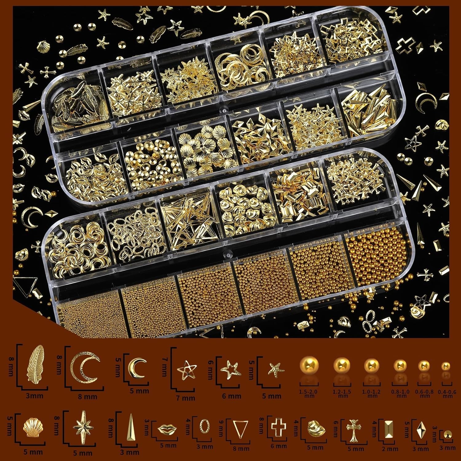 Nail Art Gems Charms Kit Gold Nails Supplies 4 Boxes 3D Rhinestones Pearls