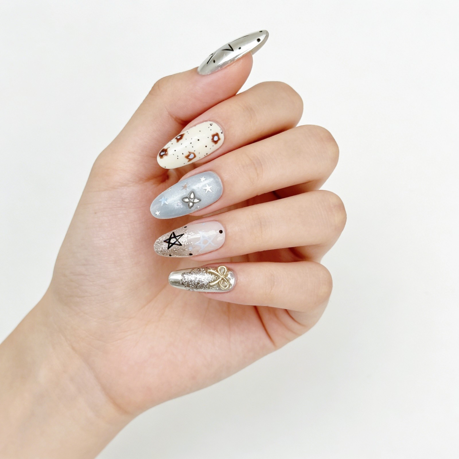 Galaxy Star Glitter Press-On Nails Mismatched Set Handmade Almond Nails Gift