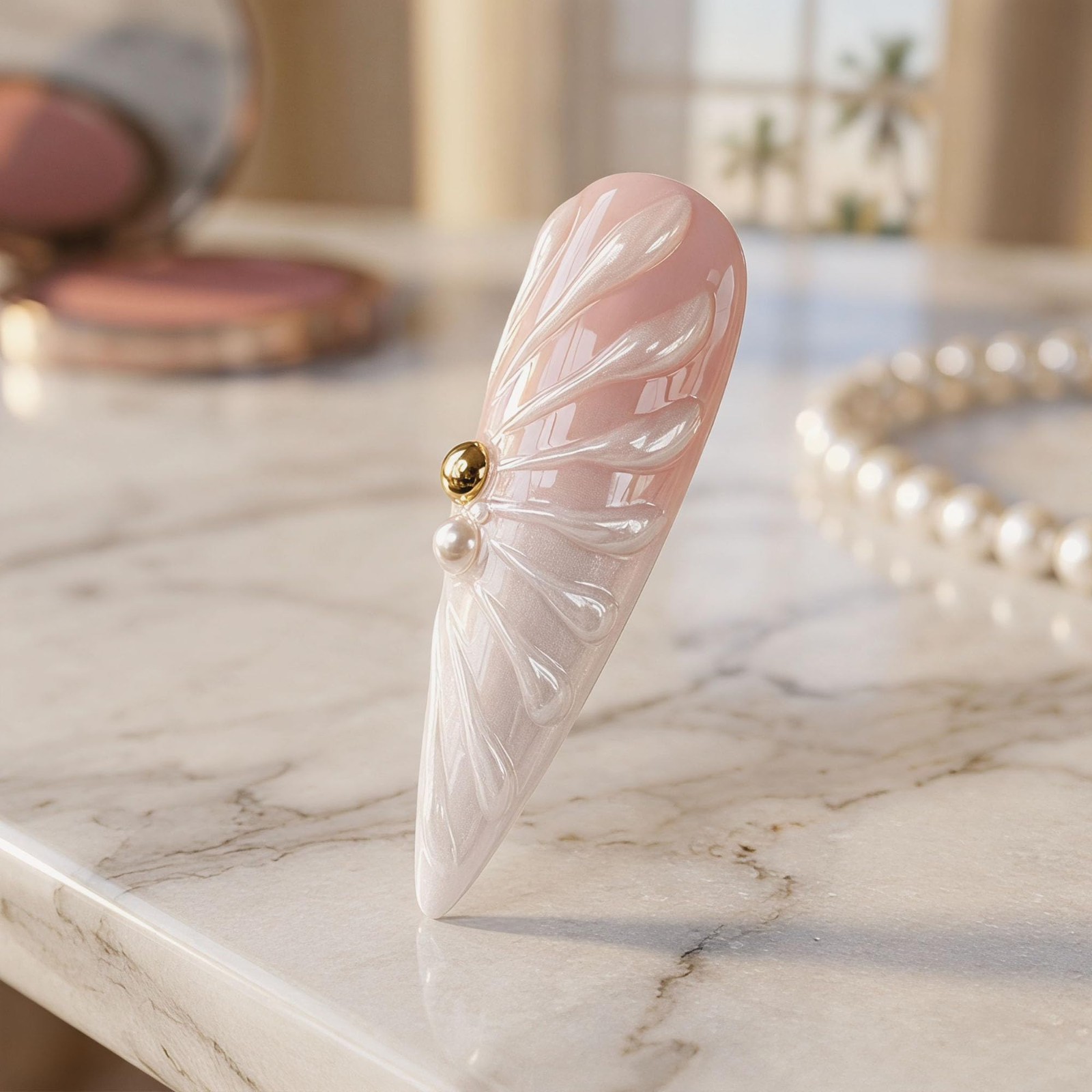 Handmade Long Almond Blue French Tip Press-On Nails | 3D Flower, Cat Eye Designs