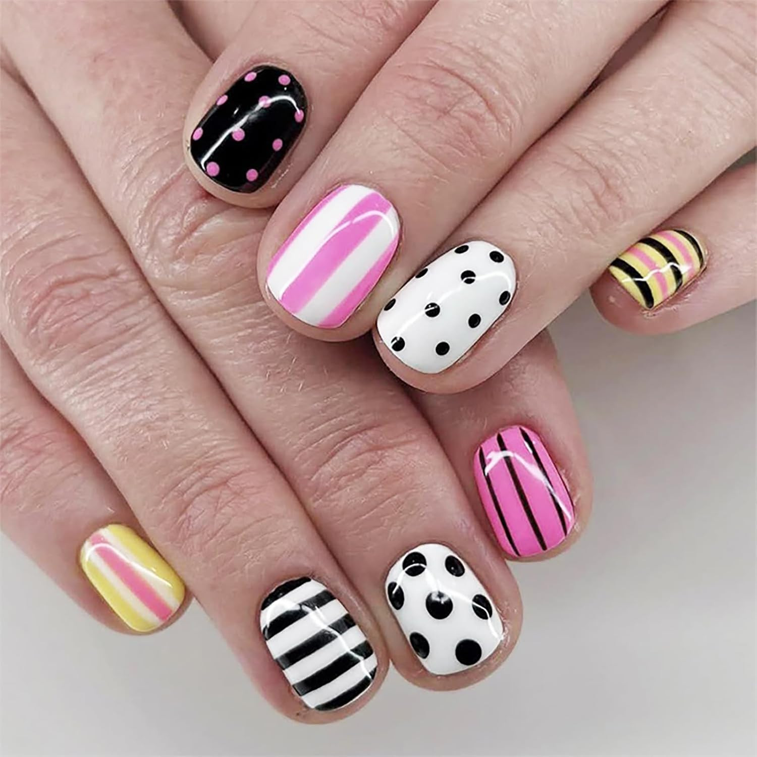 24Pcs Rose Red Press on Nails,Short Oval Fake Nails with Brown Polka Dots Design