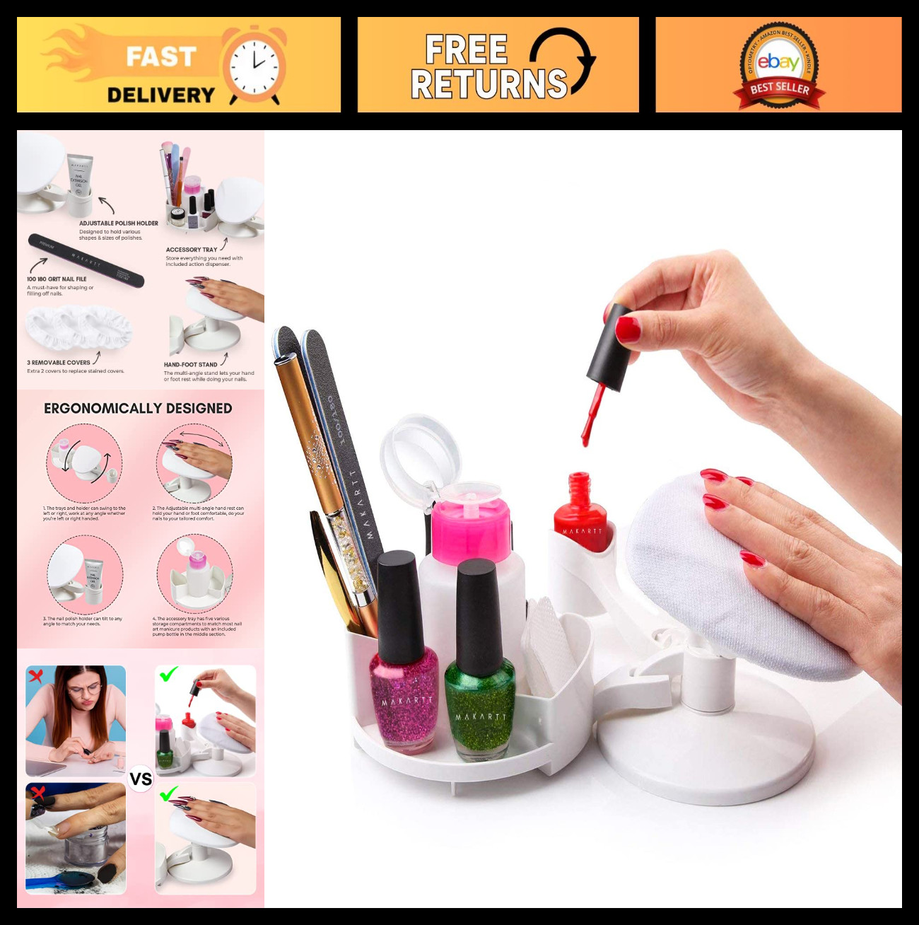 Nail Stand Hand Rest for Manicure, Multi-Angle Polish Trays & Foot Station Suppl