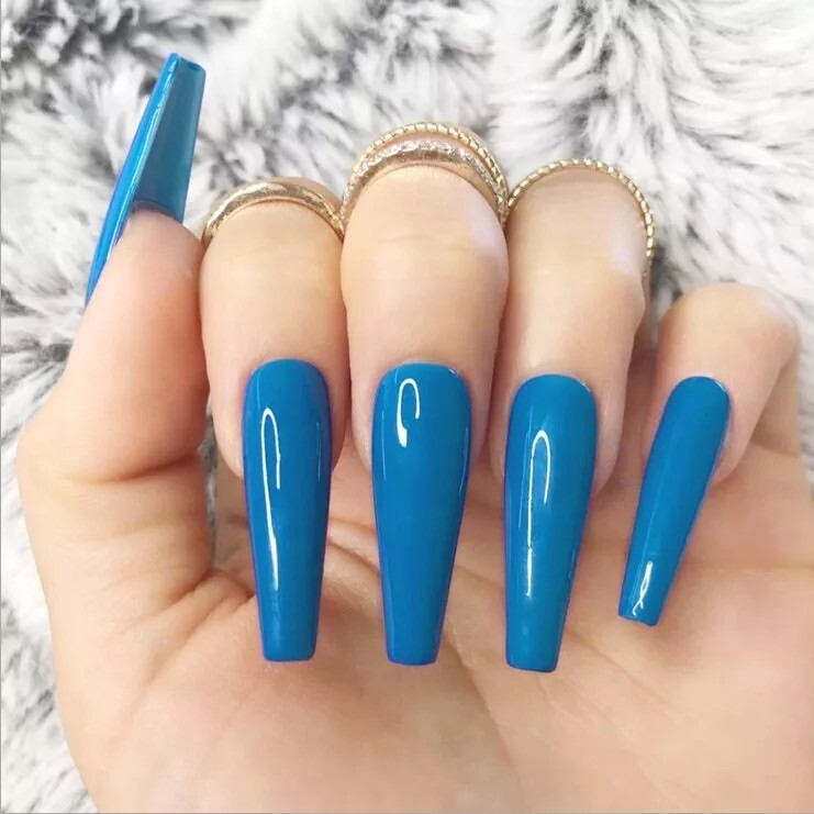1” Coffin / Ballerina Nail, 24 pieces. Fast USA Shipping – Gloss Teal Blue