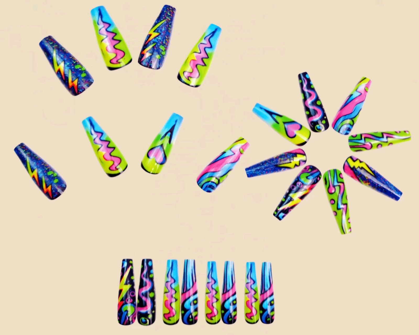 Press-On Nails Bright Green Blue Hot Pink Yellow Black Extra Long Coffin