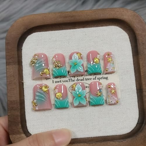 Duckbill Press on Nails – Ocean 3D Floral Teal Blushing Ombre L Dark Green