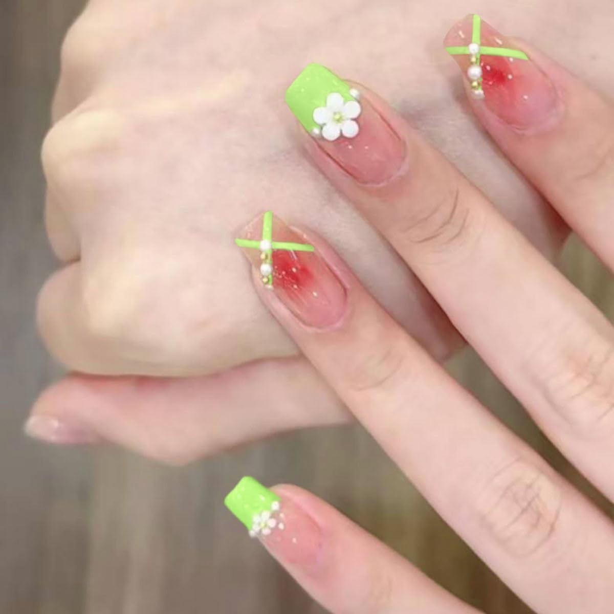 Secret Lives Glossy Artificial Translucent Pink & Green Color with 3D 24 Nail