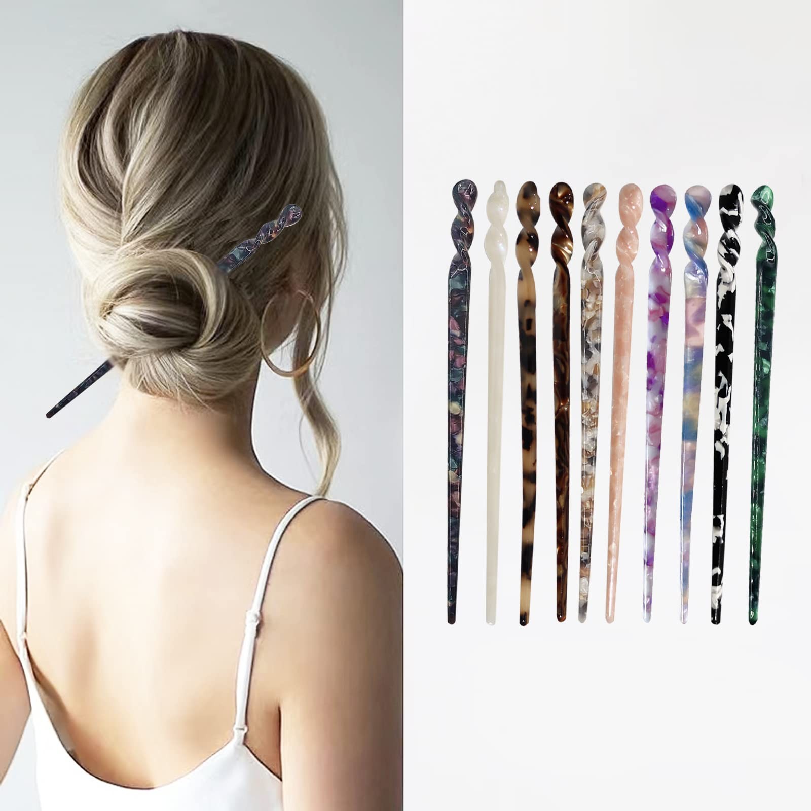 10 Pieces Acetate Hair Sticks, Women Styling Vintage, Vibrant Pattern
