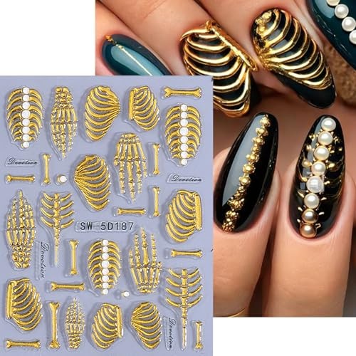 3Sheets Halloween Skeleton Nails Stickers Embossed Flower Skull Hand Bone Rose