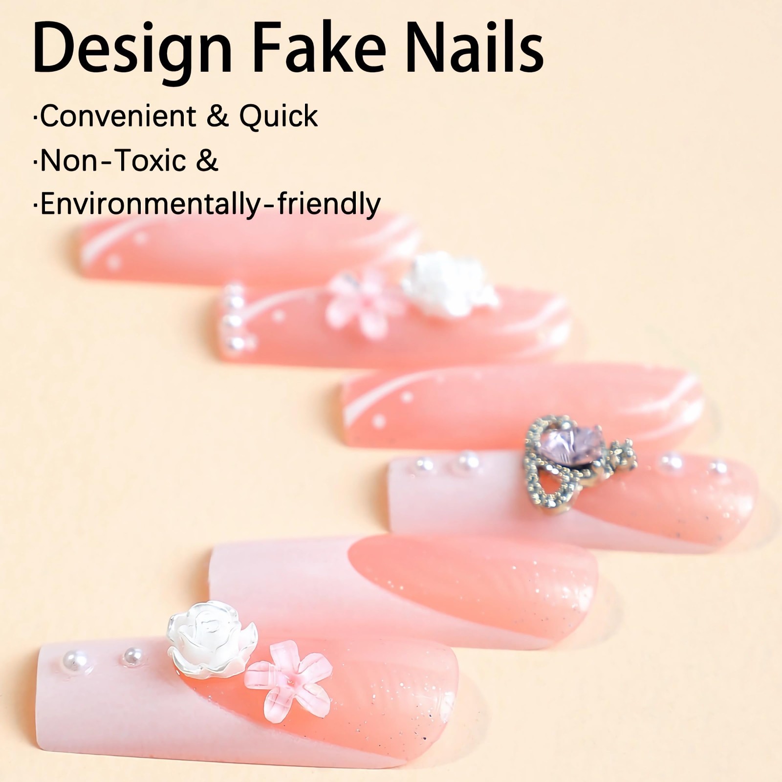 Pink White French Tip Press On Nails, 3D Flower Bow Rhinestone Glitter Design