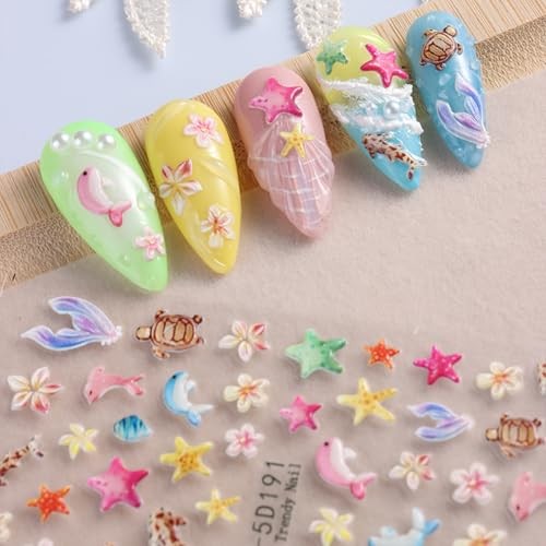 4 Sheets Summer Nail Art Stickers Decals 5D Embossed Self-Adhesive Ocean