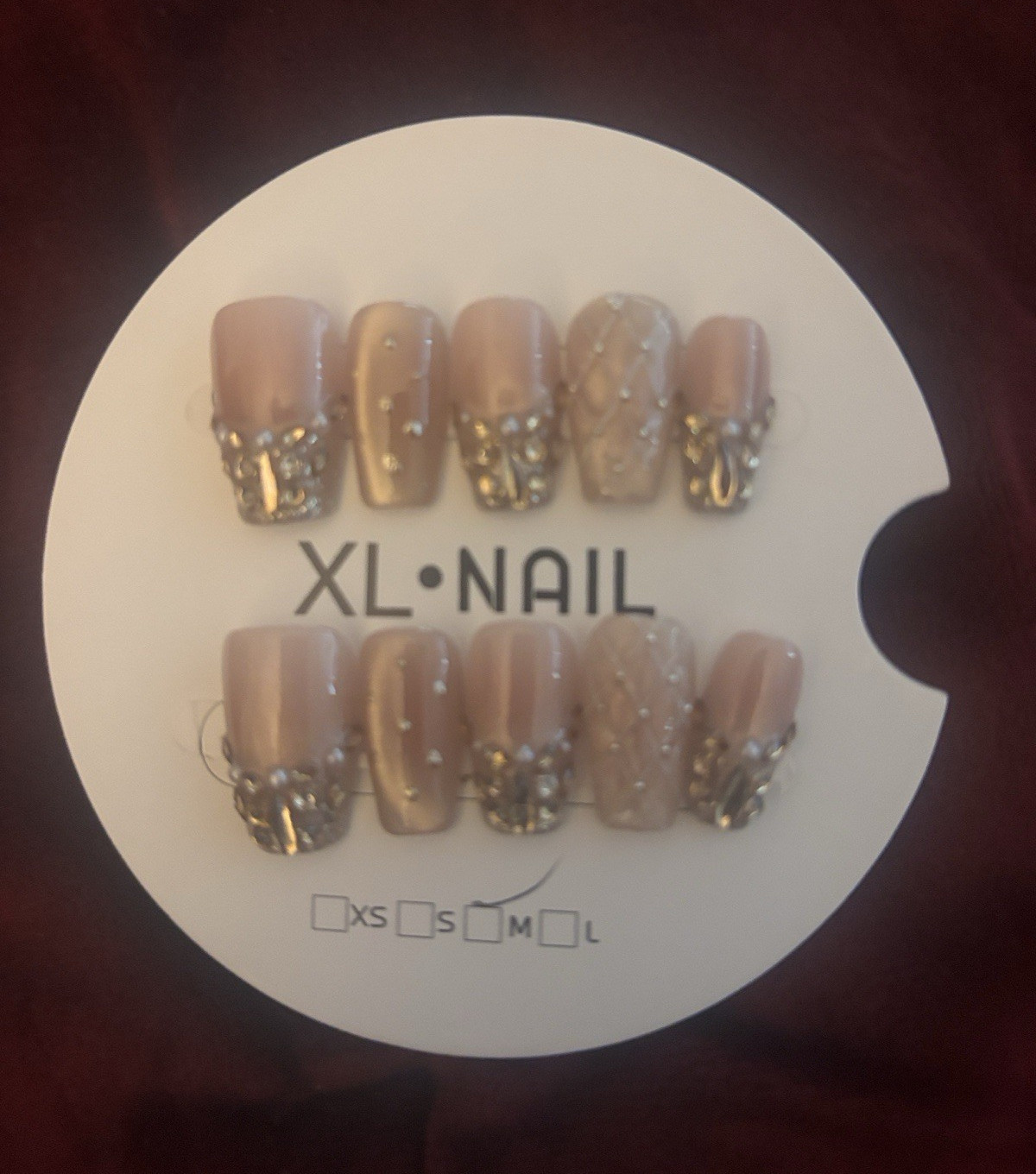 Press-On Nails Set Beige/Silver 3D Rhinestone Pre-Designed XL Square Full Cover