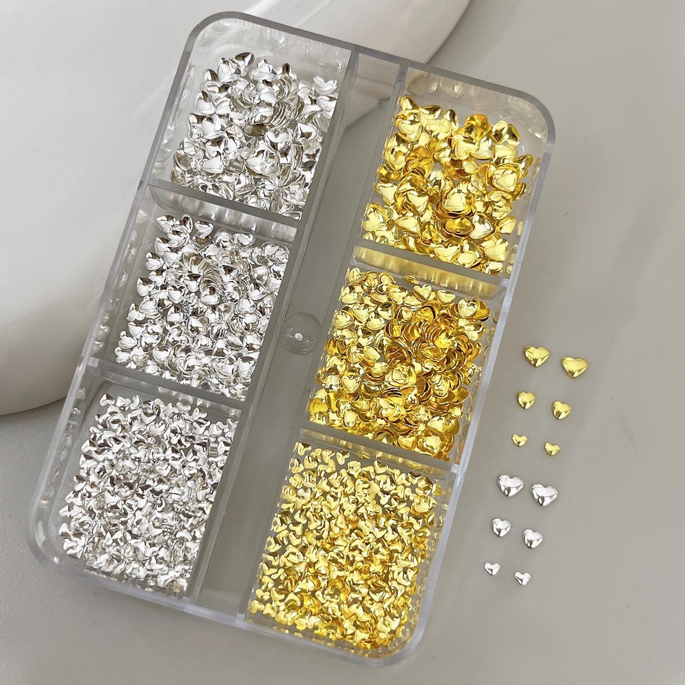 6-Grid Heart Shaped Nail Rivet Kit Mixed Silver Metal Sheets for Nail Art