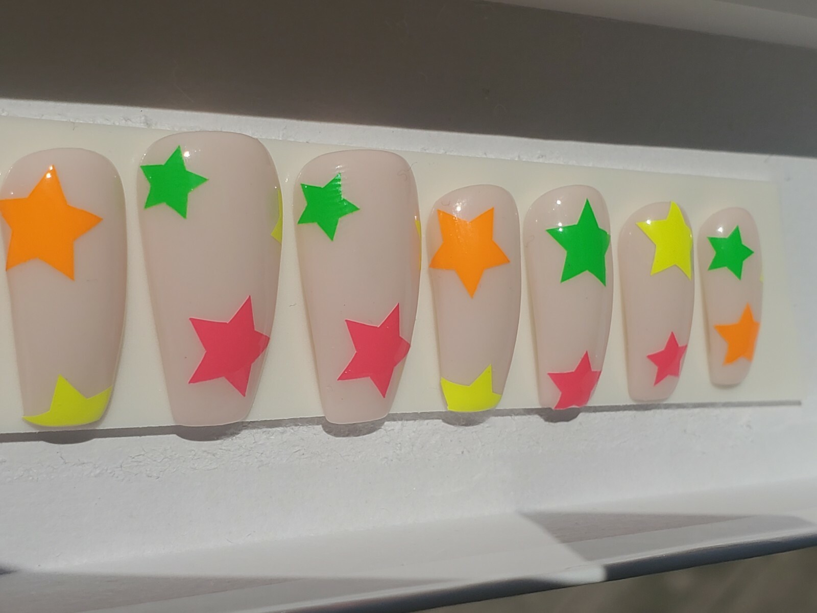 Nude & Neon star nails pink yellow orange green press on nails short coffin
