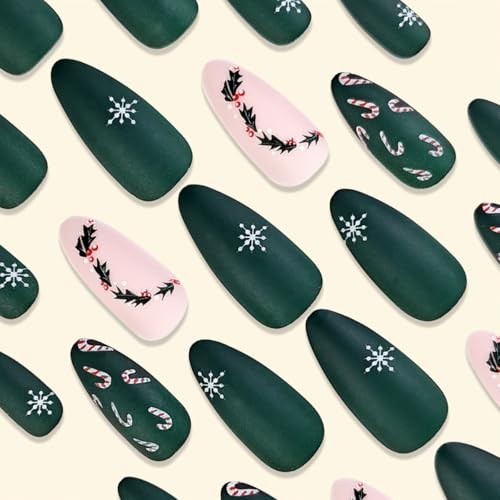 Christmas Press on Nails Medium Almond Fake Nails Winter Christmas holly candy